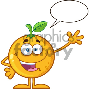 Royalty Free RF Clipart Illustration Happy Orange Fruit Cartoon Mascot Character Waving For Greeting Vector Illustration Isolated On White Background With Speech Bubble clipart.