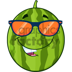Royalty Free RF Clipart Illustration Smiling Green Watermelon Fruit Cartoon Mascot Character With Sunglasses Vector Illustration Isolated On White Background