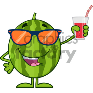 Royalty Free RF Clipart Illustration Green Watermelon Fresh Fruit Cartoon Mascot Character With Sunglasses Presenting And Holding Up A Glass Of Juice Vector Illustration Isolated On White Background clipart.