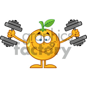 Royalty Free RF Clipart Illustration Smiling Orange Fruit Cartoon Mascot Character Working out with Dumbbells Vector Illustration Isolated On White Background clipart.