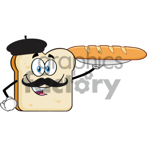 Bread Slice Cartoon Character With Baret And Mustache Presenting Perfect French Bread Baguette Vector Illustration Isolated On White Background clipart. Commercial use image # 404663
