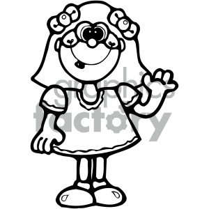 clipart - black and white cartoon girl waving.