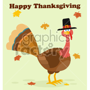 Thanksgiving Turkey Bird With Pilgrim Hat Cartoon Character Vector Illustration Flat Design With Background Autumn Leaves And Text Happy Thanksgiving clipart. Commercial use image # 406964