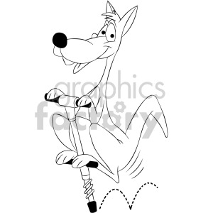 clipart - black and white cartoon kangaroo jumping on a pogo stick.