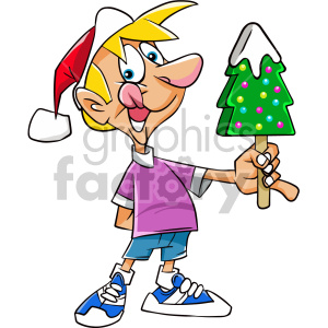 cartoon kid holding christmas tree ice cream clipart.