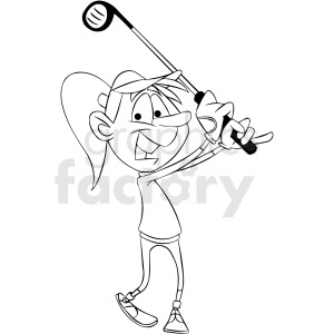 clipart - black and white cartoon woman golfer.