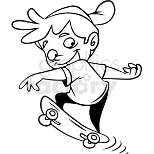 black and white cartoon child skateboarding vector clipart.