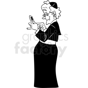 clipart - black and white nun laughing at her phone vector clipart.