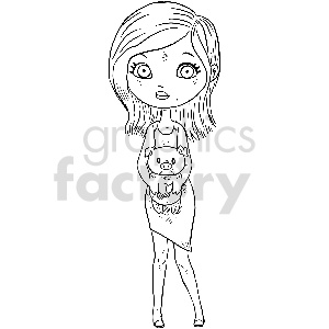 black and white girl holding stuffed piglet vector clipart clipart. Commercial use image # 413398