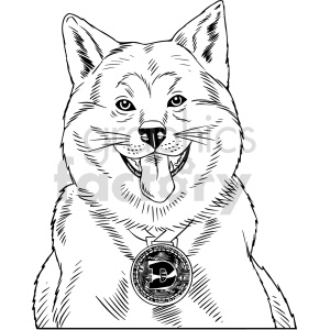 black and white dogecoin dog vector graphic clipart.
