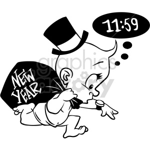 black and white baby new year running late vector clipart .
