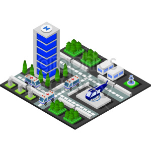 hospital and ambulances isometric vector graphic clipart.