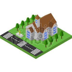church with road isometric vector graphic clipart.