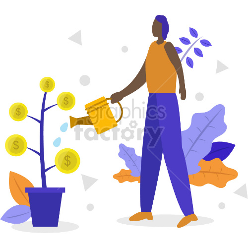 black woman watering her money tree vector graphic illustration