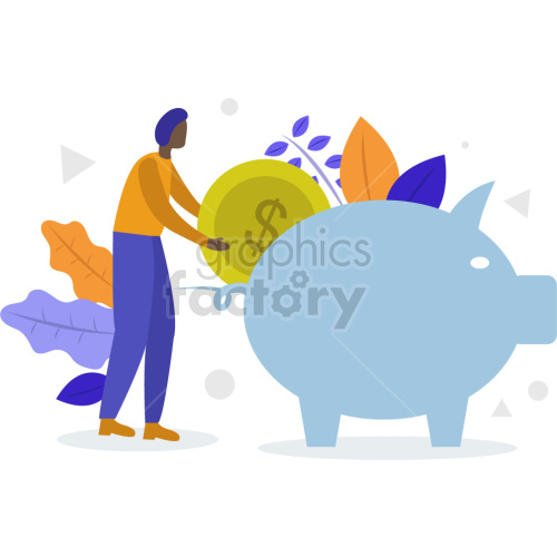 black person loading piggy bank vector graphic illustration clipart.