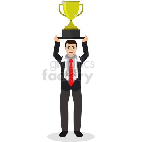person in a black coat holding large trophy vector graphic clipart.