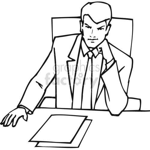 lawyer sitting at desk black white clipart.