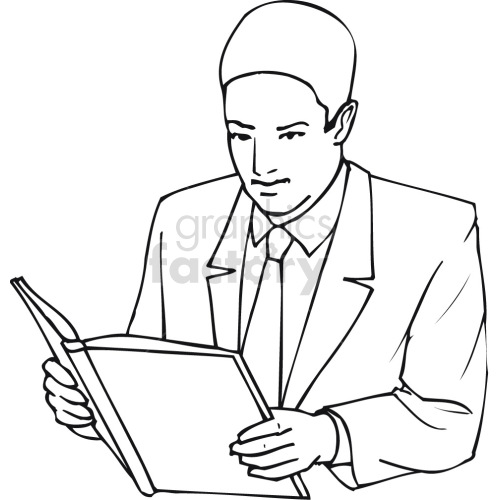 business man reading from book black white clipart.