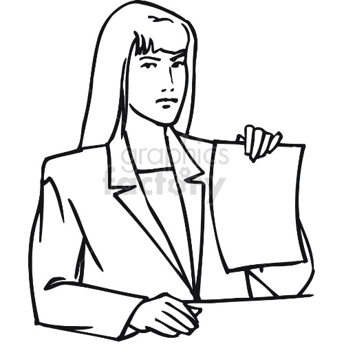 female lawyer holding up document black white clipart.