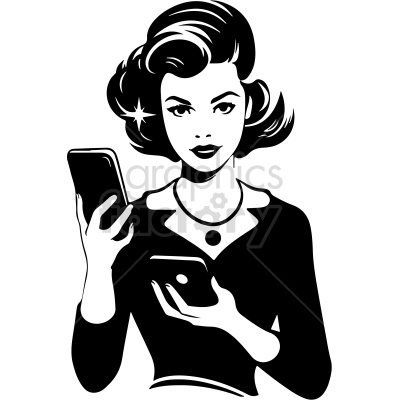 black and white vintage female checking another phone vector clip art