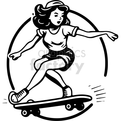 black and white vintage girl riding skateboard vector clip art