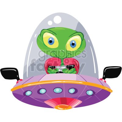 a cartoon of a UFO flying in its purple flying saucer, with wing mirrors 