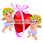 Two 2 cherubs holding red heart with pink bow