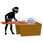 clipart - Carpenter cutting a board on a table saw.