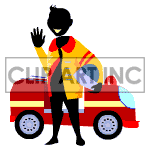 Animated fireman standing in front of his fire truck waving hi. clipart.