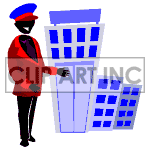 Animated bellboy greeting customers at an Hotel. clipart.