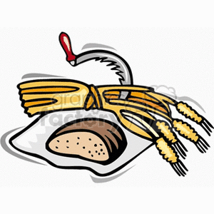 Golden Harvested Grain Cut by a Sickle with Fresh Made Bread on a Cutting Board clipart.