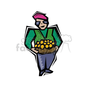 This clipart image depicts a stylized cartoon of a farmer holding a basket or box filled with round, yellow vegetables, which could represent crops like tomatoes or lemons. The farmer is wearing a hat, a green shirt, and blue pants, and is standing with a slightly forward-leaning posture, suggesting they may be presenting or offering the vegetables.