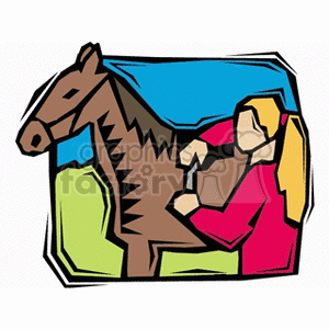 Female brushing out brown horse clipart.