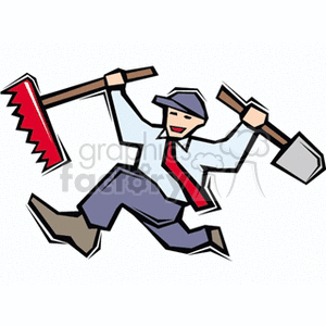 Man running with rake and shovel in hand clipart. Commercial use image # 128455