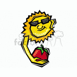 Smiling sun shine with sunglasses holding a ripe strawberry clipart.