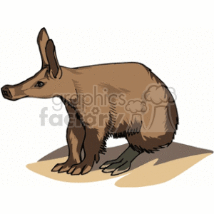 The image shows a brown aardvark with a prominent snout, depicted in a sitting position. Aardvarks are often known for their unique diet, primarily consisting of ants and termites, which has earned them the nickname ant-eater, although they are distinct from the true ant-eaters found in South and Central America.
