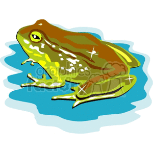 The clipart image depicts a stylized illustration of a green and yellow frog. The frog appears to be sitting on a patch of water, depicted in shades of blue. The illustration is minimalistic, using bold lines and simple color fills without intricate shading or textures.