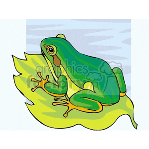 Green tree frog resting on a floating leaf clipart.