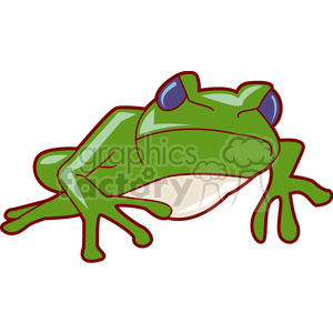 This clipart image features a stylized green frog. The frog has prominent blue eyes that give it an expression that could be interpreted as angry or mad. Its body is mainly green with a lighter underbelly. The frog is depicted in a classic pose with its legs spread out as if it were sitting.