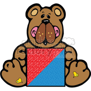 In this image, a cartoon of a teddy bear can be seen holding a square shape box. The bear appears to be smiling, and the overall scene is light and playful. The colors of the square bring a sense of fun and energy, making this image perfect for use in a cartoon, clipart, or illustration. 