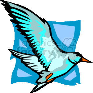 The clipart image shows a seagull with its wings spread and facing towards its right side. It appears to be in mid-flight, with the a blue square visible in the background.
