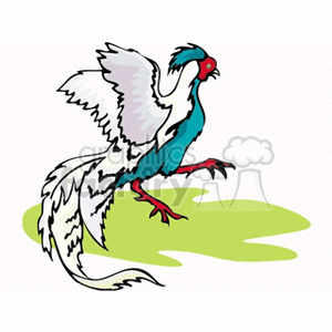 Colorful rooster with open wings prancing in the grass clipart. Commercial use image # 130278