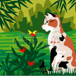 Calico cat looking at a butterfly sitting on a flower clipart.