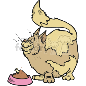 The clipart image shows a cartoonish version of a brown, fluffy cat, standing on all fours with a bowl of food in front of it. It is depicted with a happy expression. 