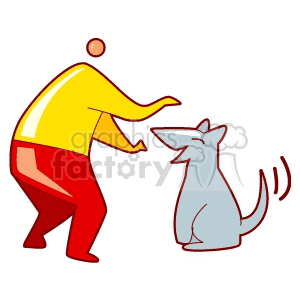 The clipart image depicts a simplified, stylized illustration of a man playing with a dog. The man appears to be throwing a ball, and the dog is sitting attentively, possibly waiting to retrieve the ball or engaging in another playful act.