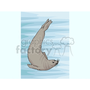 This image depicts a cartoon seal, swimming gracefully in the water. The seal is oriented upwards, moving forward with its flippers positioned behind it. The background suggests rippling water in shades of blue, indicating that the animal is underwater.