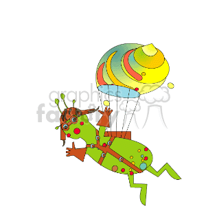 The clipart image depicts a colorful snail with a whimsical design. The snail is wearing goggles and appears to be engaging in an adventurous activity, as it is attached to a parachute (its own shell), which is decorated in a swirled pattern of multiple colors. 