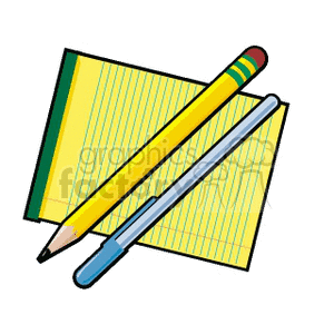 Cartoon yellow legal pad with pen and pencil clipart. Royalty-free image # 138622