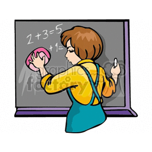 clipart - Cartoon student writing on a blackboard .