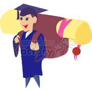 A Large Diploma and a Man in a Blue Cap and Gown wearing a Backpack 